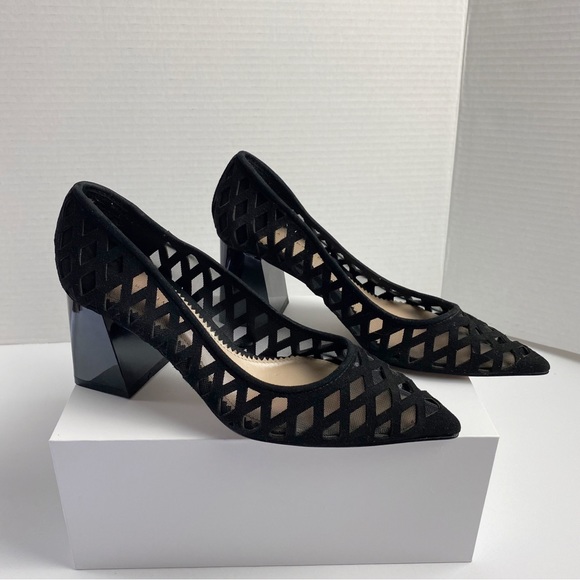 Black Geometric Mesh Pointed Toe Block Heel Pumps - Picture 2 of 9